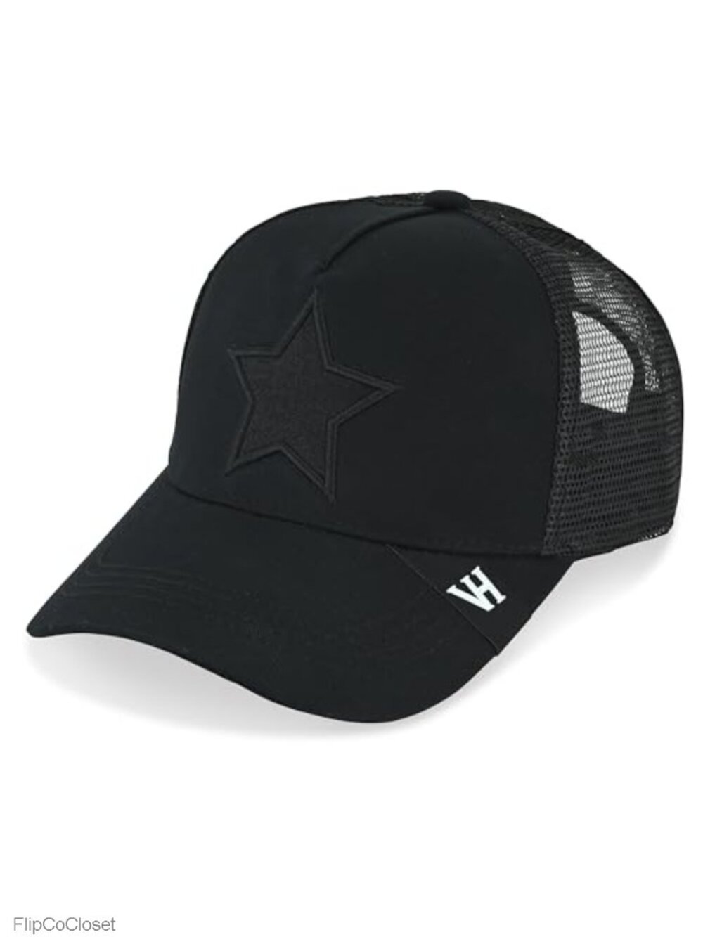 Black Embroidered Star Trucker Hat Adjustable Snapback Cotton Mesh